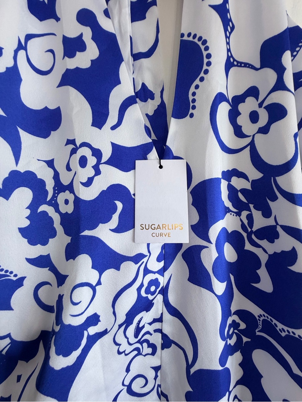 NWT Sugarlips Curve 3X Blue White Floral Halter Maxi Dress Satin Like - Picture 7 of 11